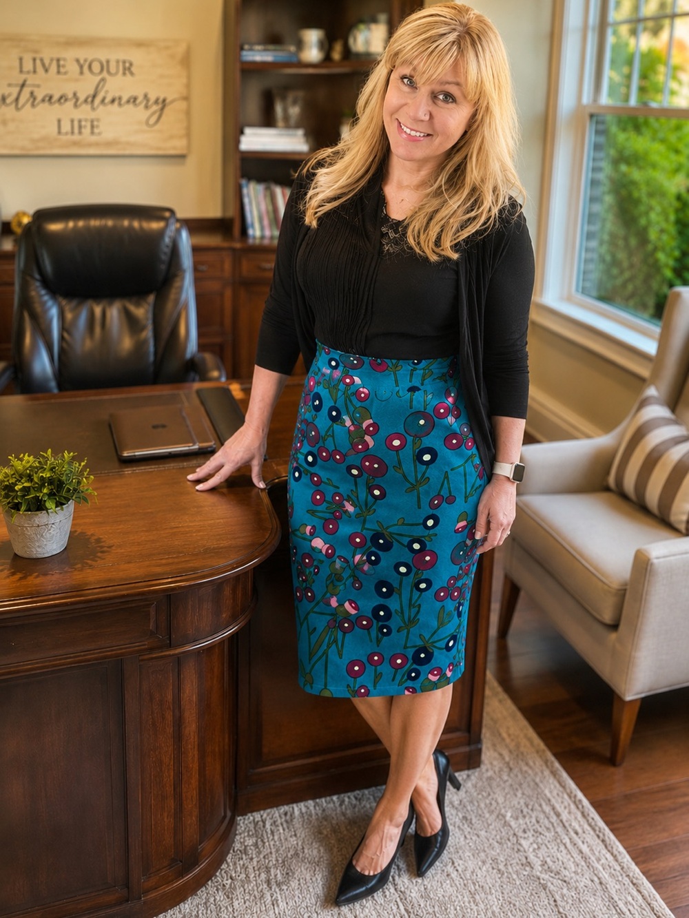 LuLaRoe Teal Floral Cassie Pencil Skirt - Women's